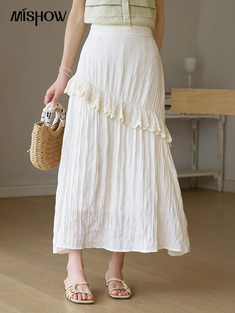 MISHOW Eegnat Lace Edge Skirt for Women Summer 2025 Ruffle Edge High Waist Slim A-line Long Skirt Solid Cake Skirts MXD30B0385