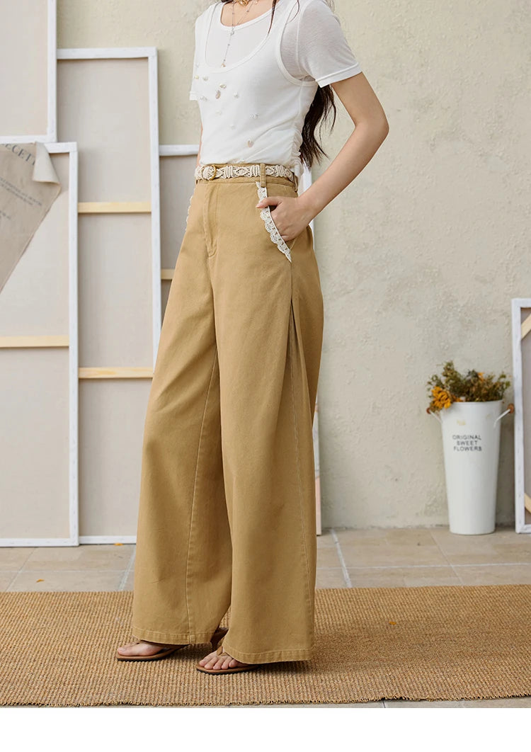 MISHOW 100Cotton Khaki Lace Patchwork Wide Leg Pants for Summer 2025 High Waist Straight Leg Trousers Commuting Pants MXE34K0925