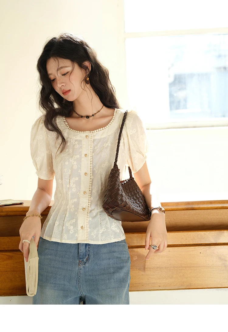 MISHOW Embroidery Cotton Shirt for Women 2025 Summer Fashion French Style Puff Sleeve Button Shirt Women's Clothing MXE39X1979