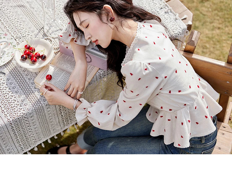 MISHOW Women's Love Embroidered V-neck Blouses 2025 Spring Linen Cotton Retro Slim Tops Sweet Waist Ruffle Blouse MXE13X1700