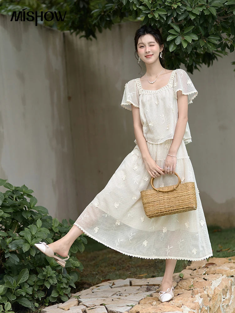 MISHOW Elegant Butterfly Flying Sleeve Blouses Elastic Waist Skirt Separately Summer Back Lace-up Top Midi Skirts MXD29X1559