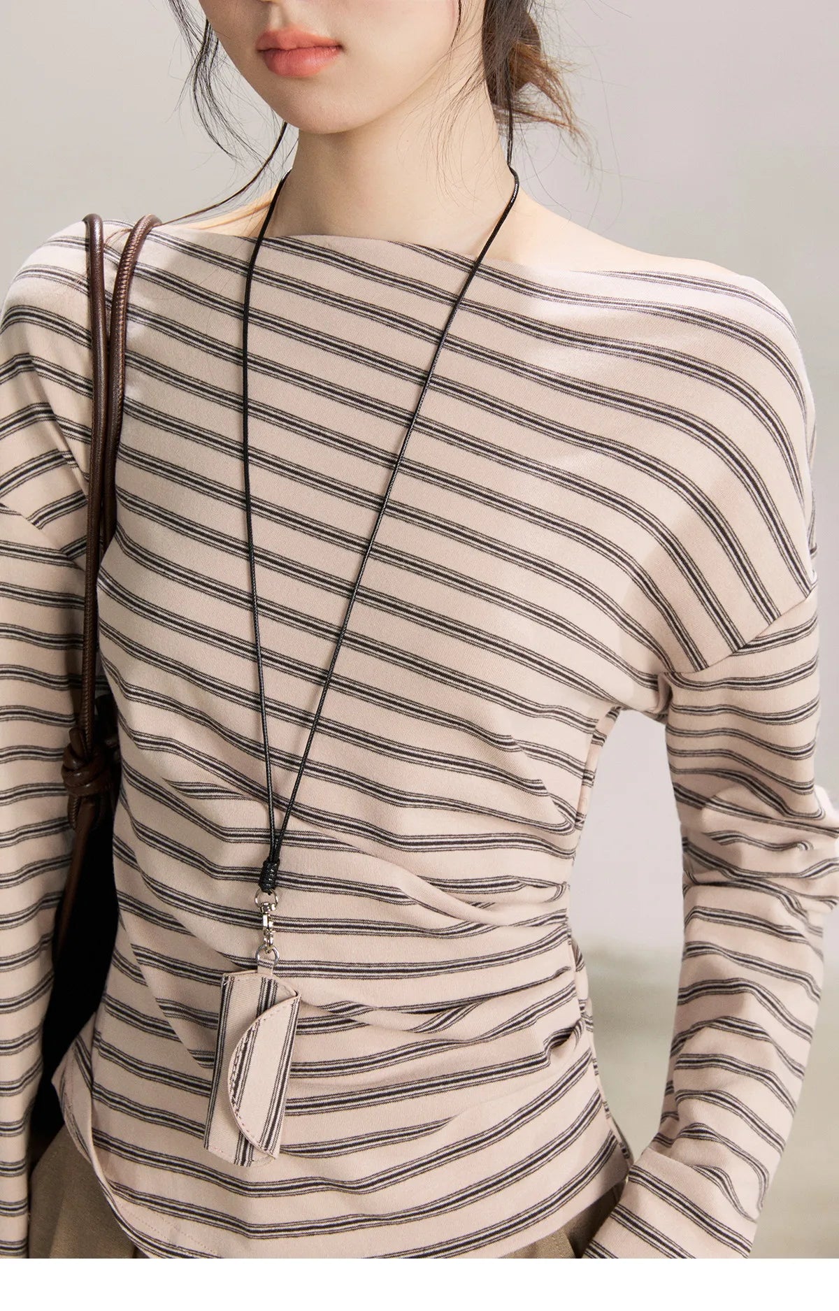 MISHOW Striped Boat Neck Long Sleeve Tops 2026 Spring Ruched Side SlimCasual Soft Breathable T-Shirt with Necklace MXF13T1514