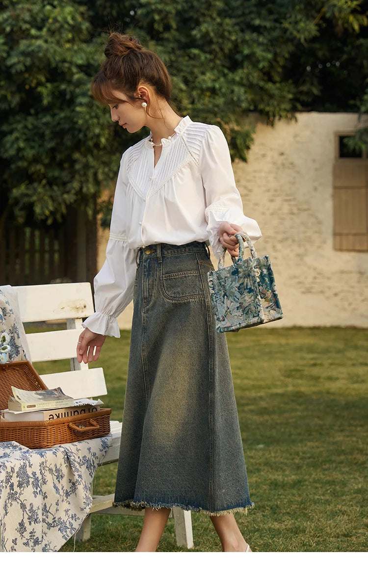 MISHOW French Organ Pleated V-neck Shirt 2025 Autumn Petal Patchwork Ruffle Sleeve Solid Pearl Single Breasted Tops MXD13X1354