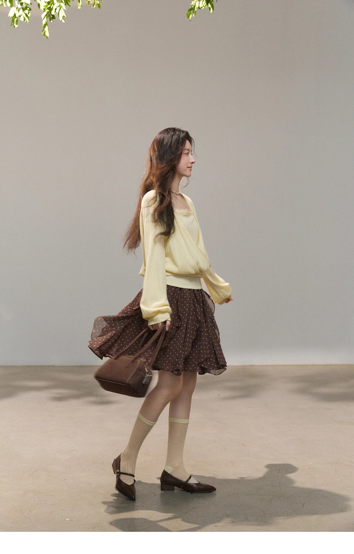 MISHOW Women's Lemon Yellow Two-Piece Set Spring Knitted Lantern Sleeve Pullover Tops Strap Lace Edge Camisole Set MXF13T1513