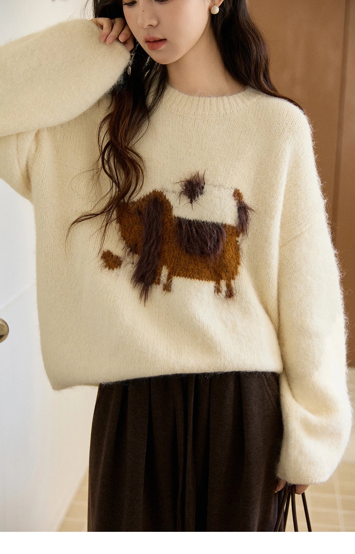 MISHOW Women's Solid Knitted Sweater 2025 Autumn Winter Dog Pattern Jacquard Crew Neck Fluffy Warm Loose Pullover Top MXE94Z2988