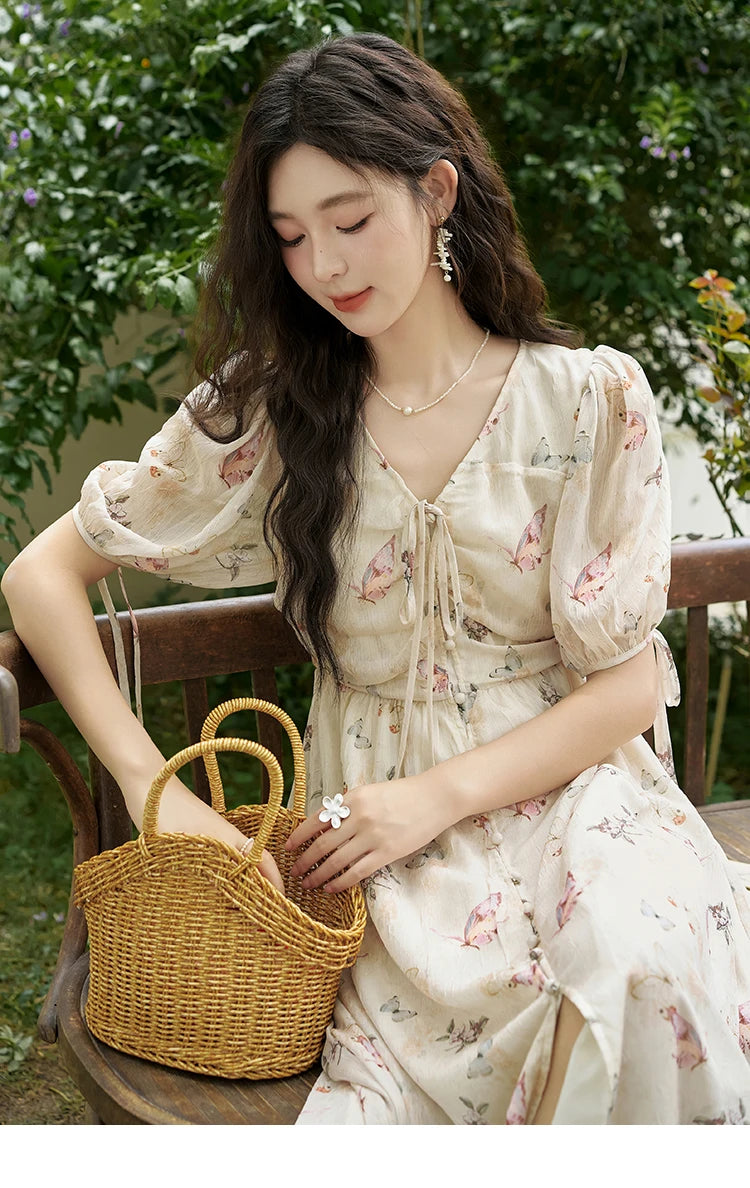 MISHOW Butterfly Printing Dress for Women 2025 Summer Luxury Elegant V-neck Lace-up Bubble Sleeves Slim Long Dress MXD15L1778