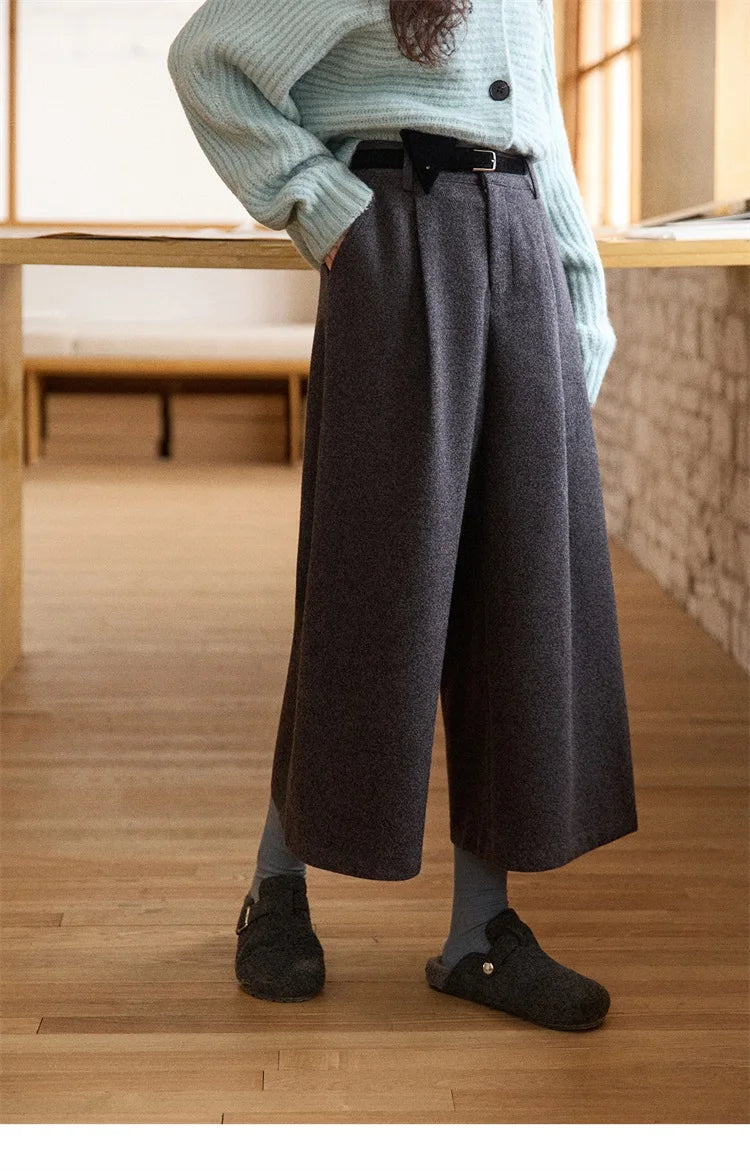 MISHOW Women's Pants 2025 Fashion Gray Wool Wide-leg Pants High-waisted Cropped Retro Style Commuting Pants Warm MXE90K1128