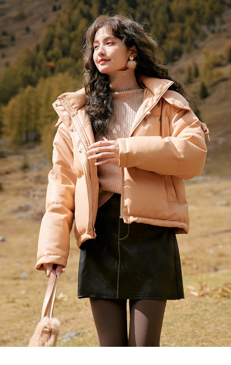 MISHOW Women's Winter Down Jacket 2023 Hooded Short White Duck Down Coats Imitation Protein Leather Puffer Jackets MXC52Y0008