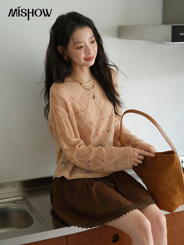 MISHOW Women's Diamond Patterned Knitted Top 2025 Autumn Bohemian Hollowed Out Thin Top Scoop Neck Knitted Sweaters MXE42Z1332