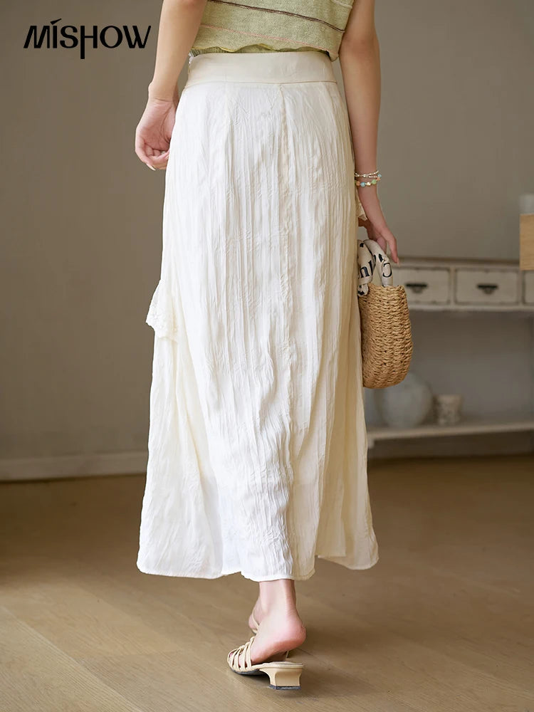 MISHOW Eegnat Lace Edge Skirt for Women Summer 2025 Ruffle Edge High Waist Slim A-line Long Skirt Solid Cake Skirts MXD30B0385