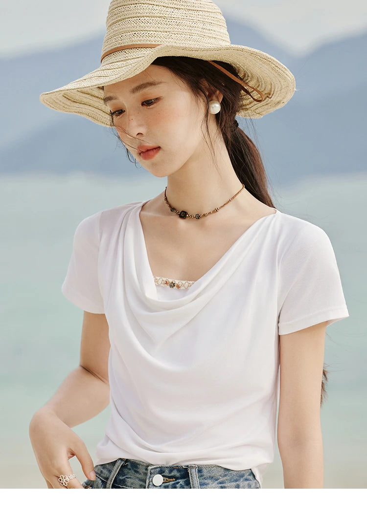 MISHOW Casual Summer Shirts Women 2025 Fashion Short Sleeve Swing Collar Solid T-shirt Female Slim Shell Ribbon Tops MXE33T0524