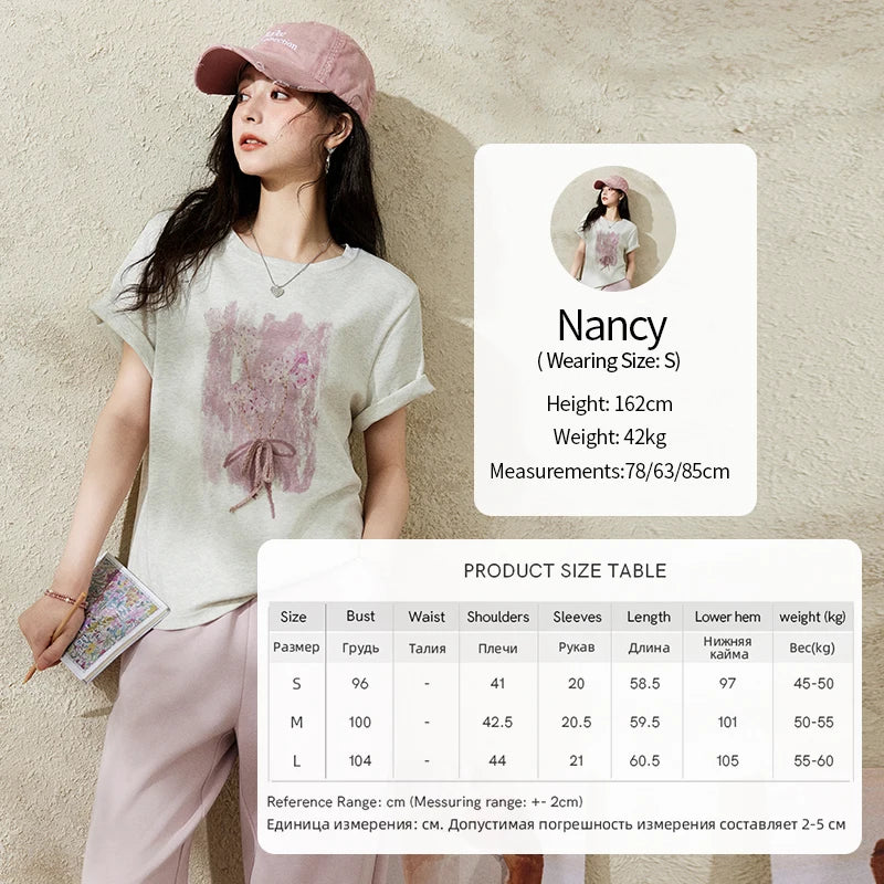 MISHOW Iris Cool Cotton T-shirt for Women Spring 2025 Spray Printing Slim Tees Round Neck Breathable Versatile Top MXE13T0453