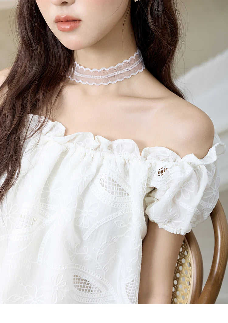 MISHOW French Summer Shirts Women New 2025 Slash Neck Short Sleeve Solid Lace Blouses Female Fashion Slim Tops Lady MXE35X1775