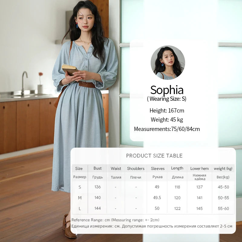 MISHOW Women's Half Sleeve Button Bamboo Knot Dress with Bohemian Belt 2025 Autumn Blue Long Dress Ladies Clothing MXE20L2468