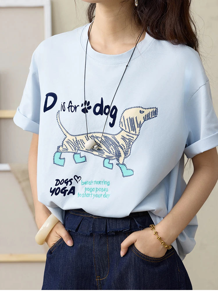 MISHOW Print Summer T-shirts Women 2025 Short Sleeve Round Neck Flocked Puppy Loose Shirt Female Casual Versatile Top MXE33T0542