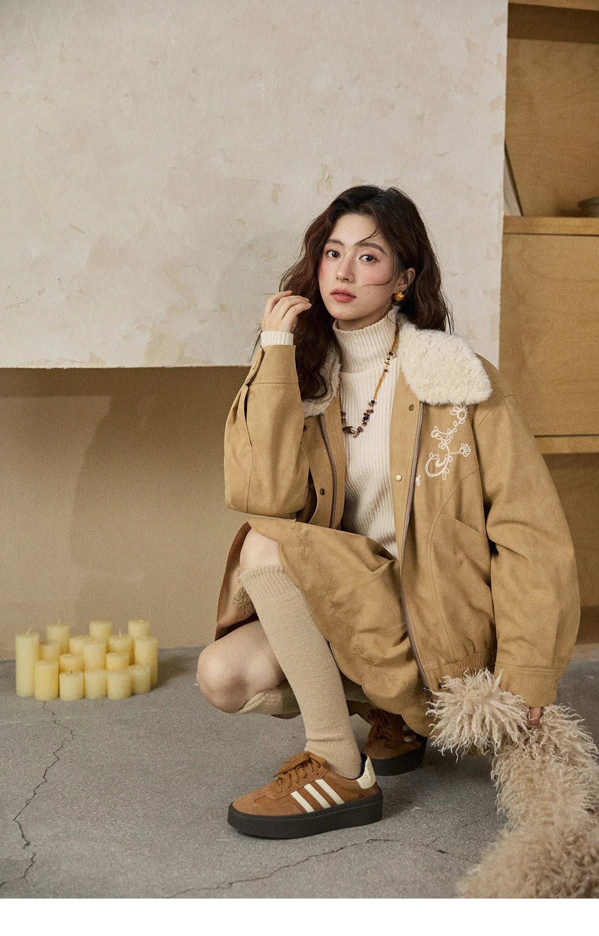 MISHOW Women's Floral Embroidered Jacket 2025 Winter French Style Yellow Plush Lapel Zip-up Coat Loose Warm Jacket MXE87W0932