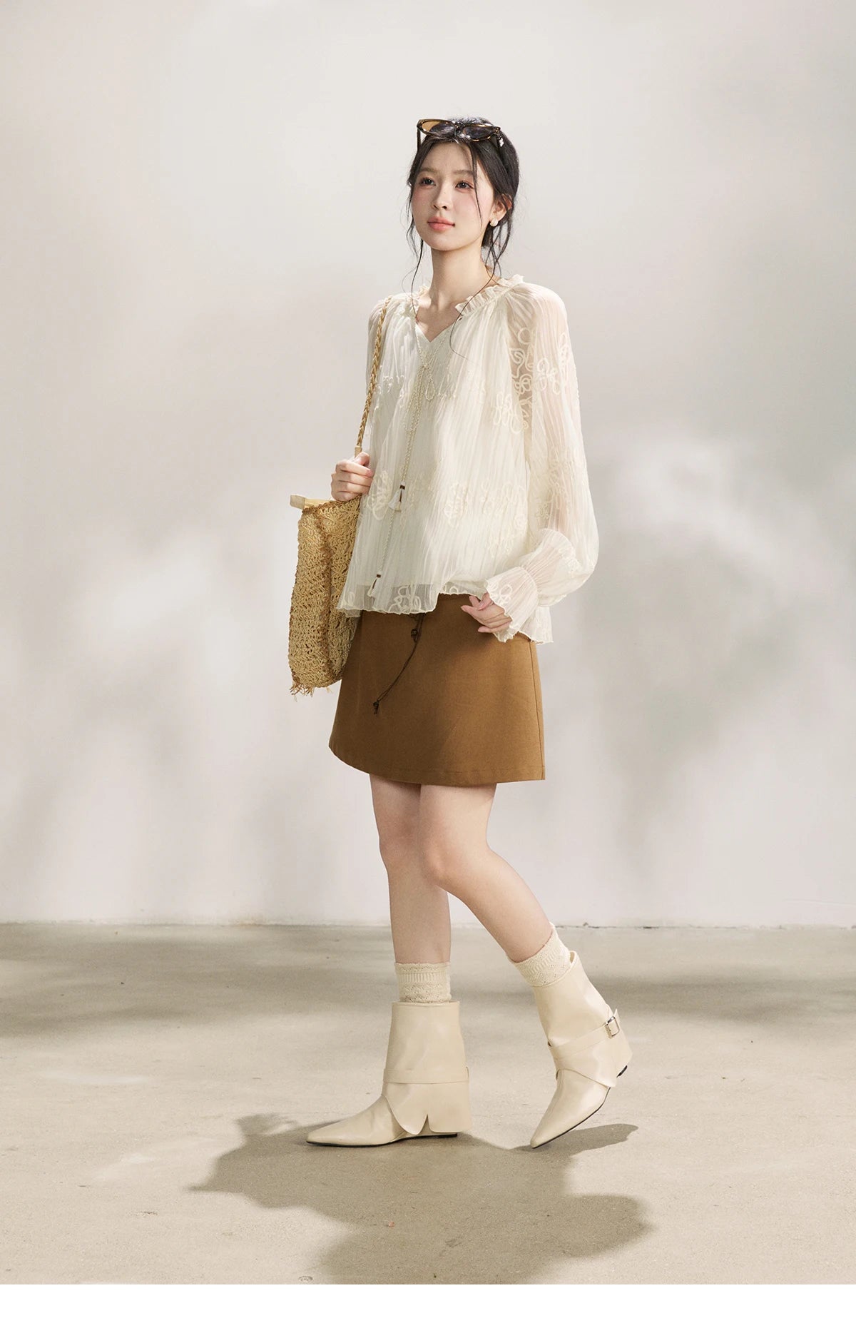 MISHOW Women's Tassel Tie Flower Embroidered Blouse 2026 Spring V-Neck Lantern Sleeves Top Casual Loose Sheer Blouses MXF13X2525