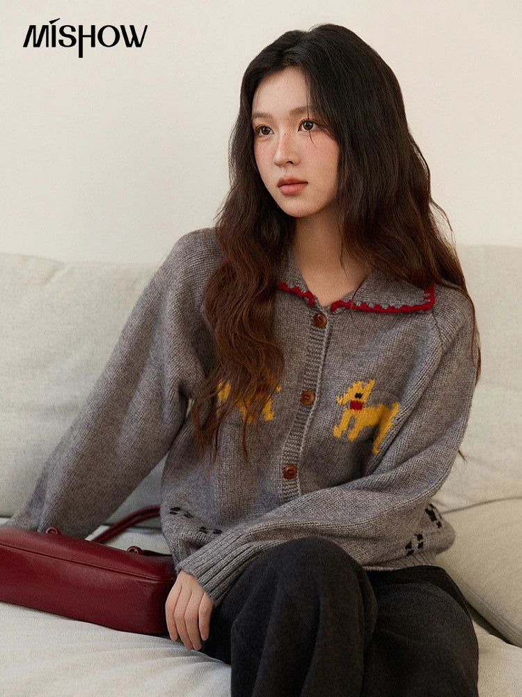 MISHOW Dog Cartoon Jacquard Knitted Cardigan for Women 2025 Loose Retro Turn-down Collar Casual Women's Sweaters MXE86Z2727