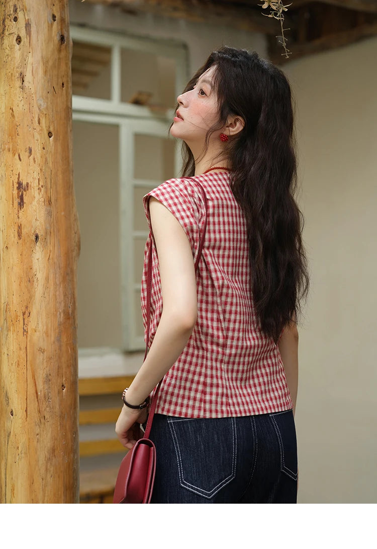 MISHOW Women's Fashion V-neck Shirt 2025 Summer New Plaid Ladies Red Button Shirt Casual Retro Top Female Clothing MXE37X1921