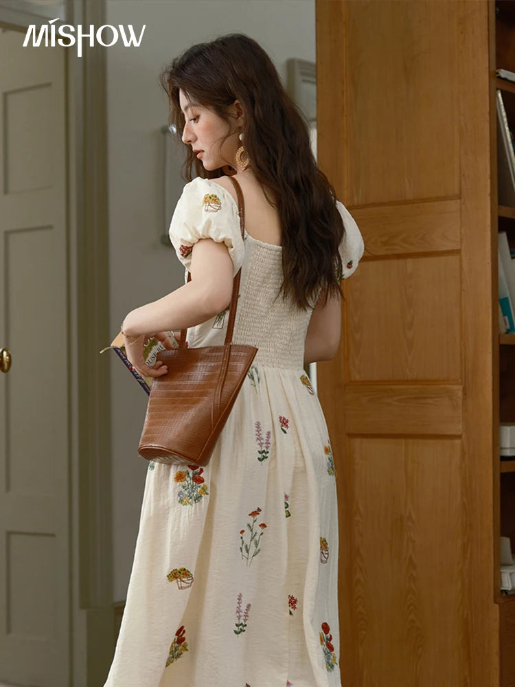 MISHOW Fashion Flower Embroidery Dress for Women Summer 2025 New Square Neck Lace Up Puff Sleeve Large Swing Dresses MXE37L2315