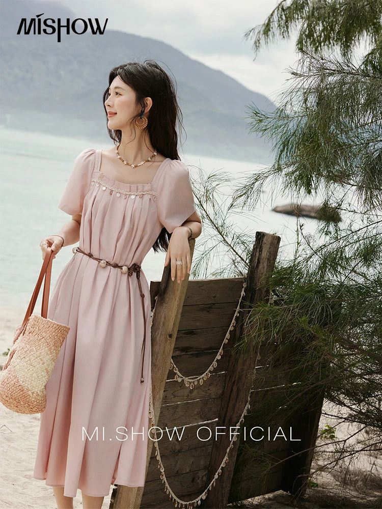 MISHOW Bohemian Pink Women‘s Summer Dresses Women 2025 Short Sleeve Square Collar with Belt Dress Lady New Fashion MXE33L2158