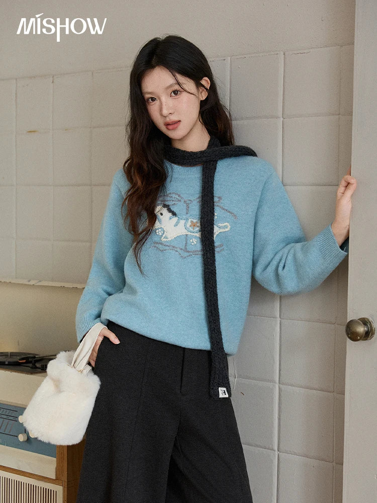 MISHOW Handmade Embroidered Jacquard Sweater for Women in Autumn Winter 2025 Thick Pony Knitted Pullover Sweaters MXE92Z2848