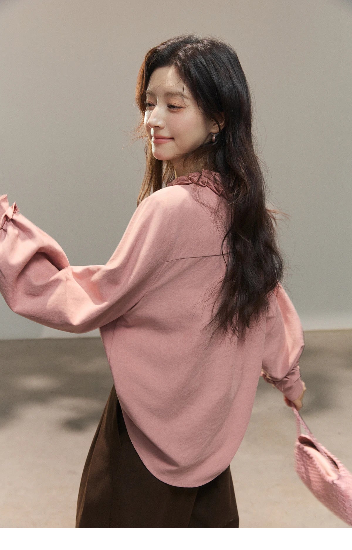 MISHOW Women's Peach Skin Solid Shirt 2026 Spring Ruffled Crew Neck Single-breasted Tops Casual Long Sleeve Shirts MXF11C2431