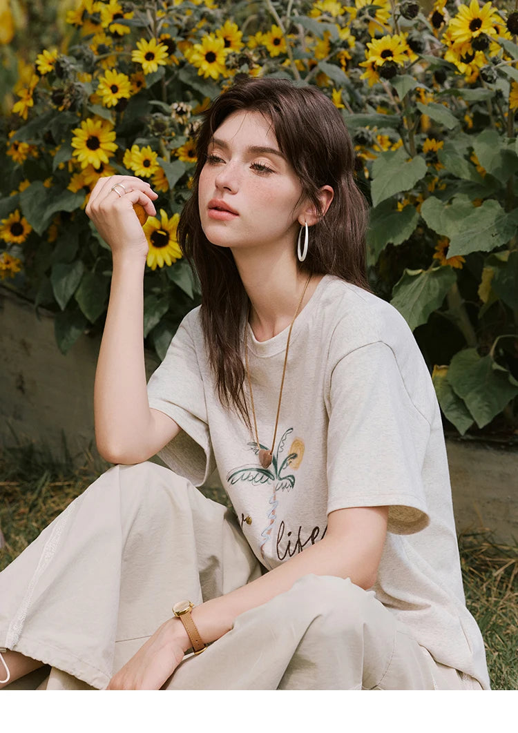 MISHOW Casual Summer Print Shirts Women 2025 Short Sleeve Round Neck Coconut Tree Straight T-shirts Woman Versatile MXE31T0520