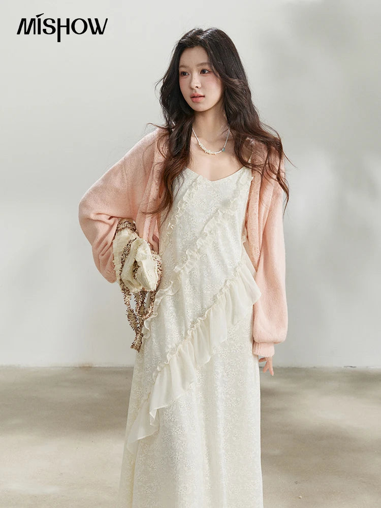 MISHOW Women's Pink Sweet Knit Cardigan 2026 Spring V-Neck Ruffled Trim Pearl Button Cardigans Loose Knitted Sweater MXF108Z1028