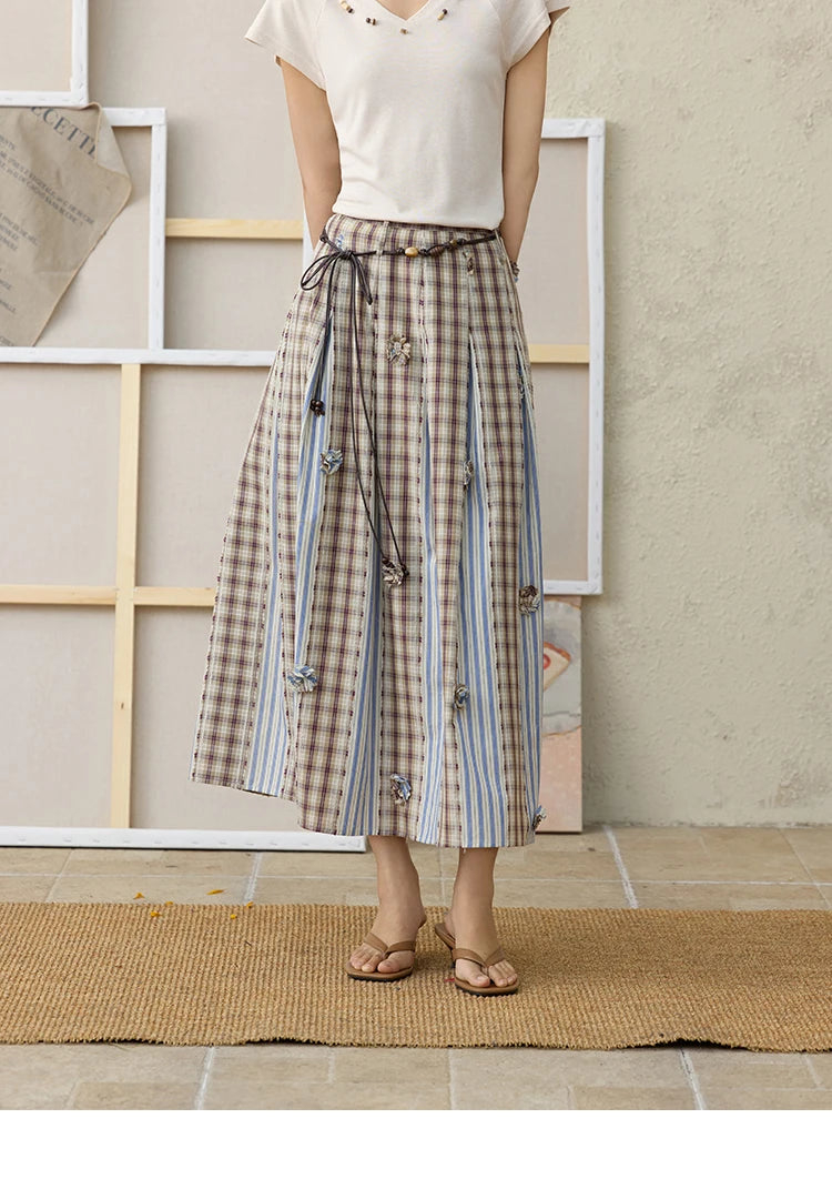 MISHOW Retro Plaid Patchwork Pleats Skirt Summer 2025 Versatile Flowers Slim Skirt A-LINE Skirts Excluding Waist Belt MXE35B0726