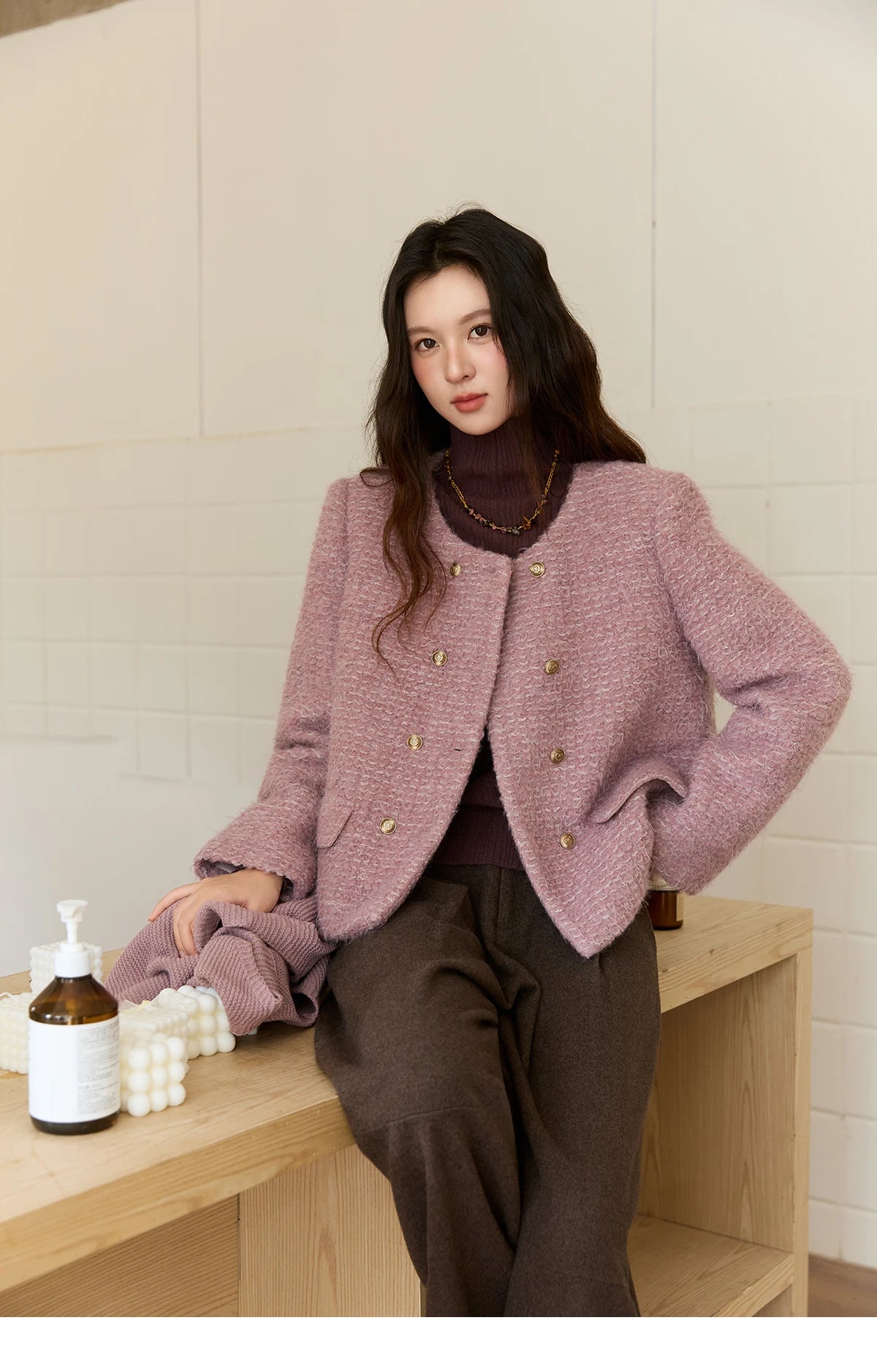 MISHOW Wool Coat Woman 2025 Purple Luxury O-neck Double-breasted Tweed Coat Commute Short Jacket Winter Clothes MXE88W0881
