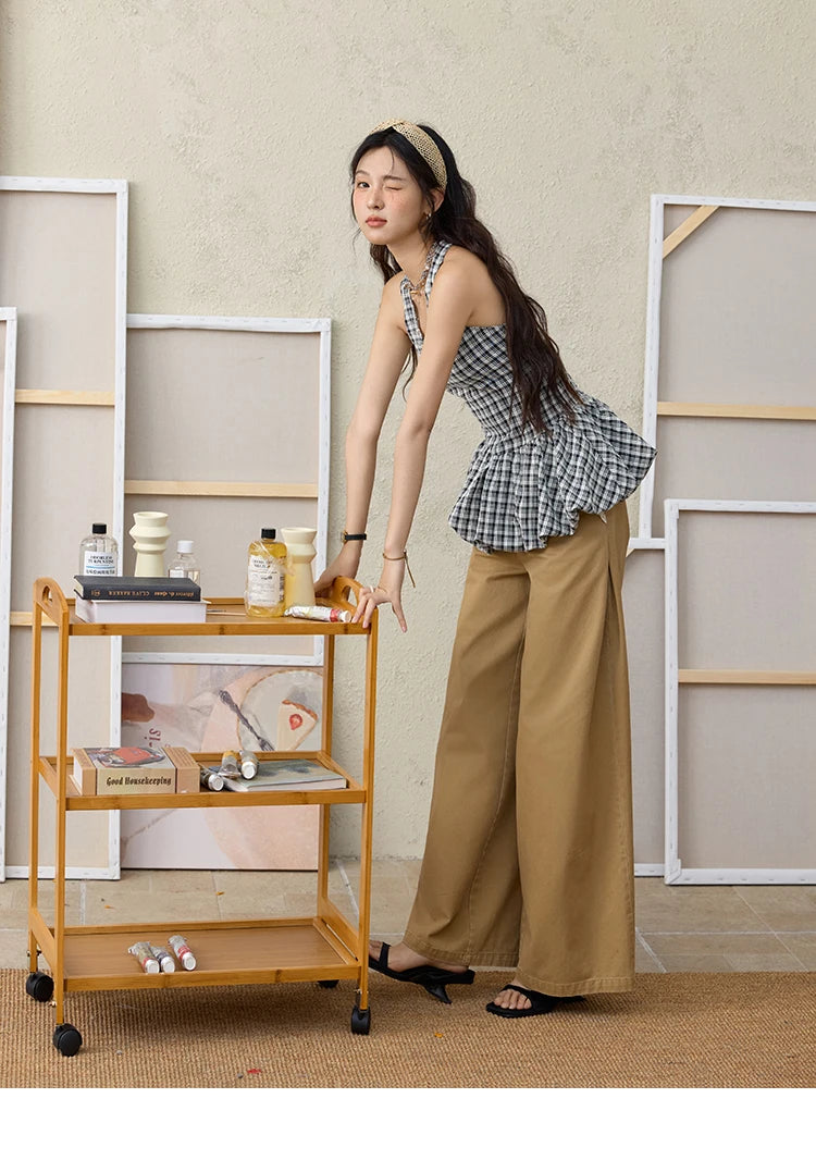 MISHOW 100Cotton Khaki Lace Patchwork Wide Leg Pants for Summer 2025 High Waist Straight Leg Trousers Commuting Pants MXE34K0925