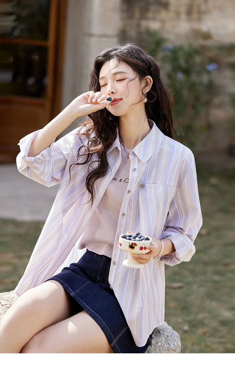 MISHOW Purple Striped Loose Shoulder Shirt for Women 2025 Casual Turn-down Collar Top Single Breasted Commuting Shirt MXE13C0407