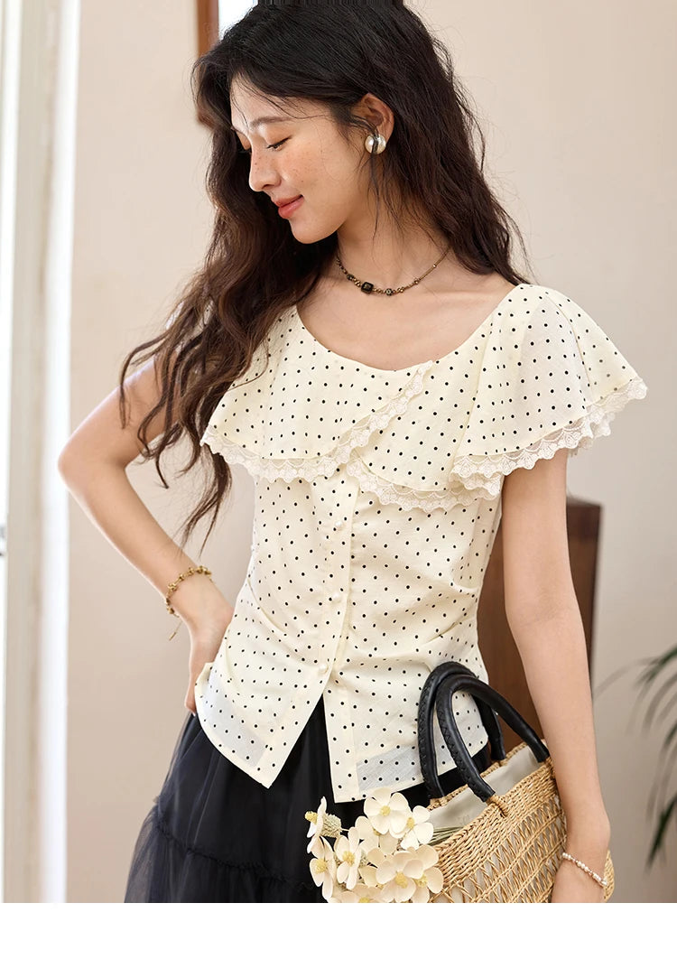 MISHOW Women's Apricot Polka Dot Shirt 2025 Summer French Ruffle Edge Patchwork Lace Shirts Short Sleeved Slim Top MXE34X1783