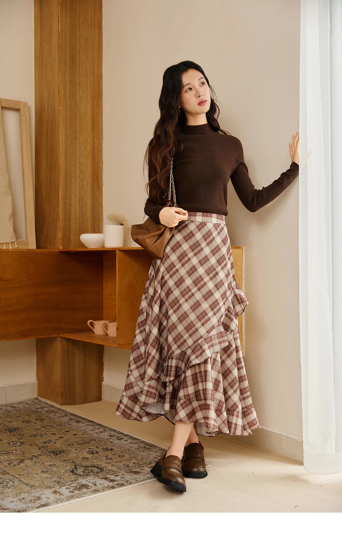 MISHOW Retro Plaid Skirt for Women Autumn 2025 Irregular Ruffle Edge Mid Length Skirt Women Back Elastic Waist Skirts MXE43B2396