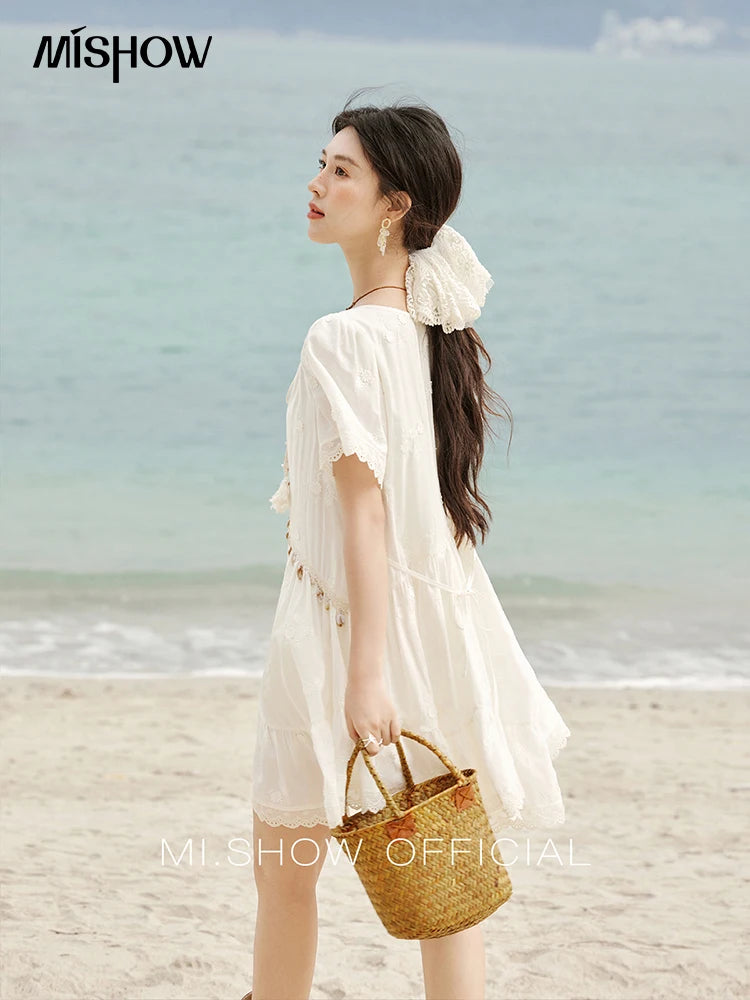 MISOHW Bohemian Solid Women's Summer Dress New 2025 Short Sleeve V-neck Shell Lace Midi Dresses for Woman Fashion MXE33L2195