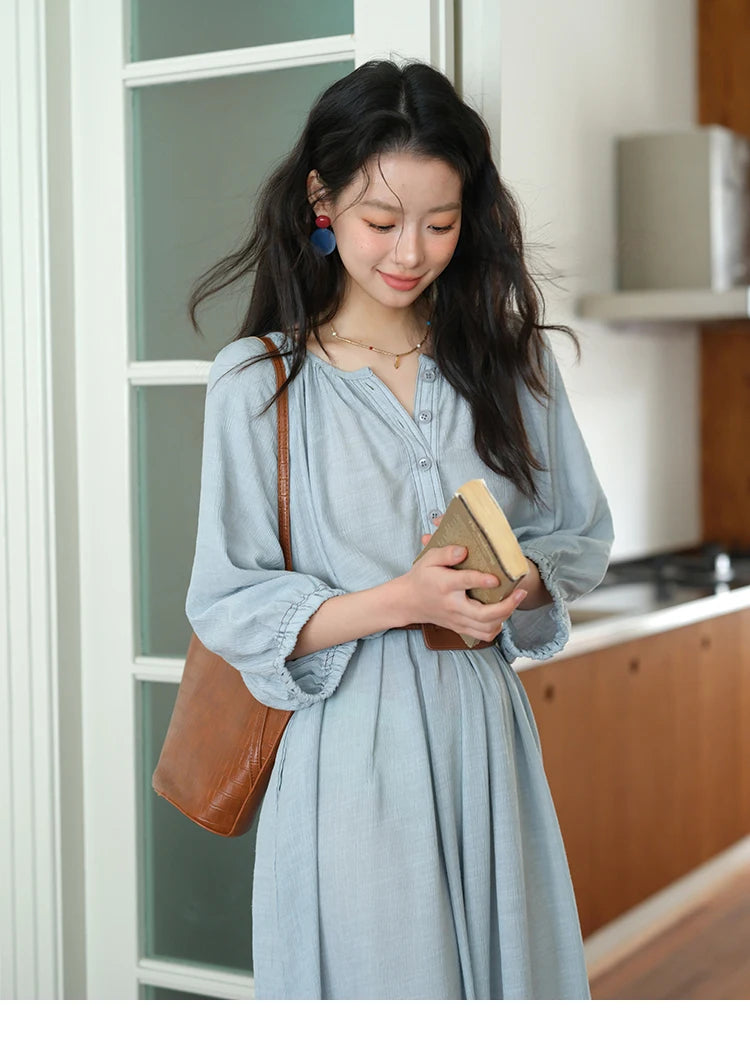 MISHOW Women's Half Sleeve Button Bamboo Knot Dress with Bohemian Belt 2025 Autumn Blue Long Dress Ladies Clothing MXE20L2468