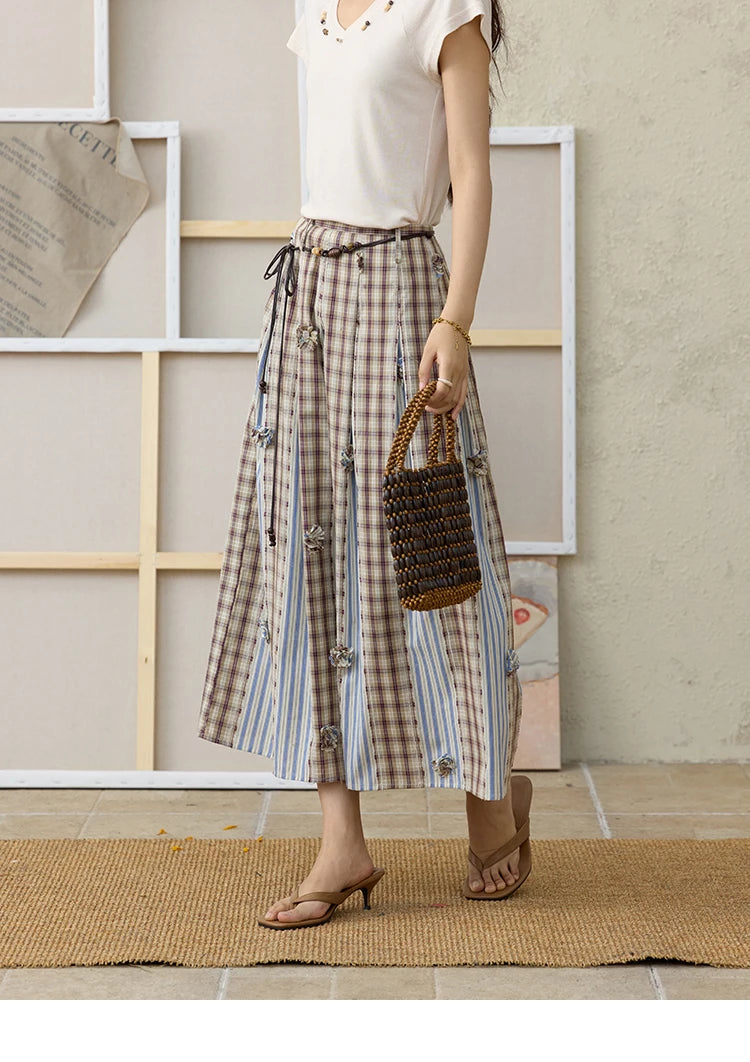 MISHOW Retro Plaid Patchwork Pleats Skirt Summer 2025 Versatile Flowers Slim Skirt A-LINE Skirts Excluding Waist Belt MXE35B0726