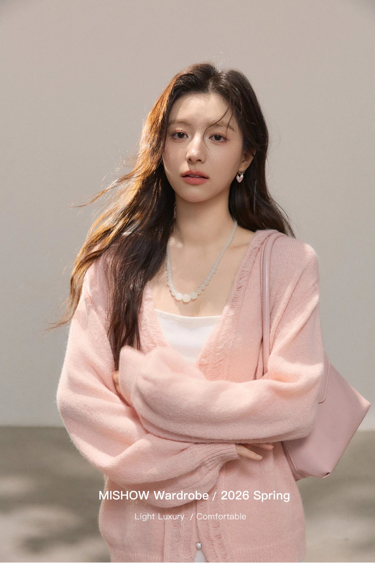 MISHOW Women's Pink Sweet Knit Cardigan 2026 Spring V-Neck Ruffled Trim Pearl Button Cardigans Loose Knitted Sweater MXF108Z1028