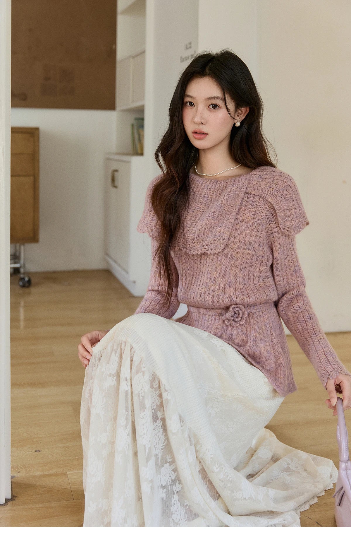 MISHOW Women's Pink Ribbed Knitted Sweater 2026 Spring Large Collar Lace Trim Belted Waist Long Sleeve Pullover Tops MXF11Z2901