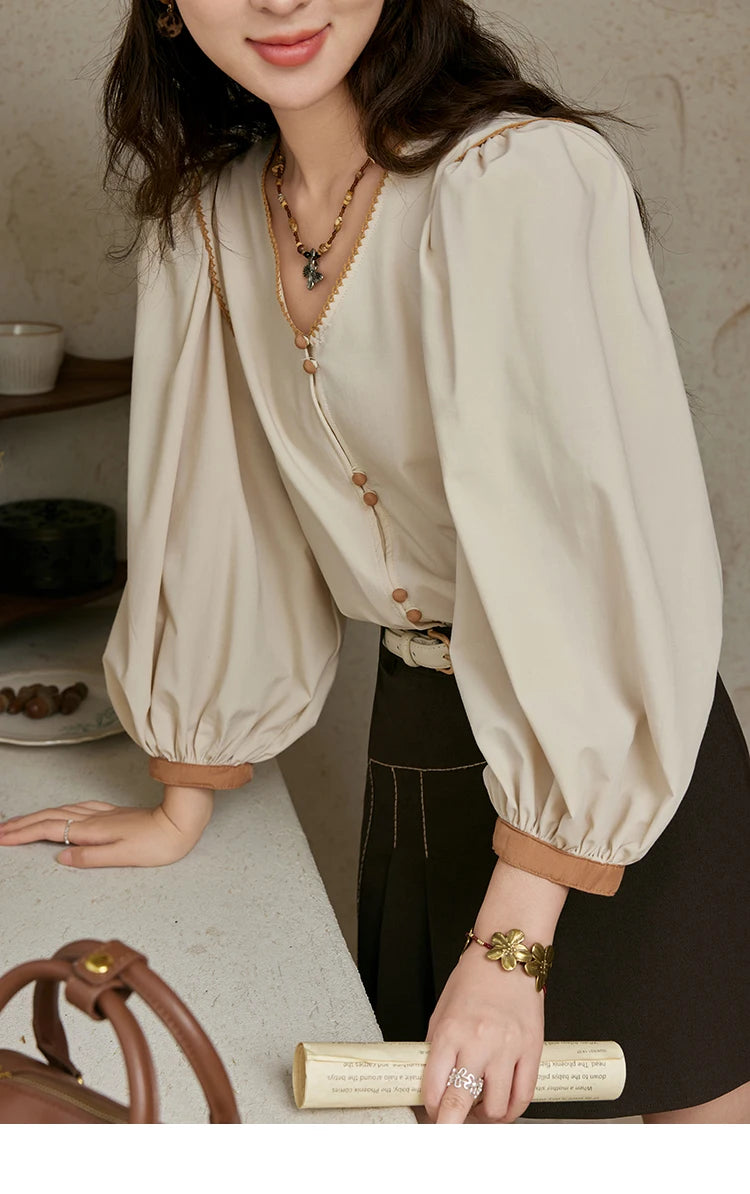 MISHOW French Retro Contrasting V-neck Shirt 2024 Autumn Solid Lantern Sleeve Top Single Row Two Buttons Casual Shirt MXD26X1597