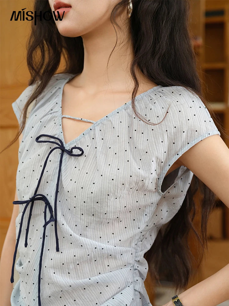 MISHOW Women's Elegant Blouses 2025 Summer Ladies V-Neck Bow Spliced Polka Dot Garment Sleeves Top Female Clothing MXE37X1909