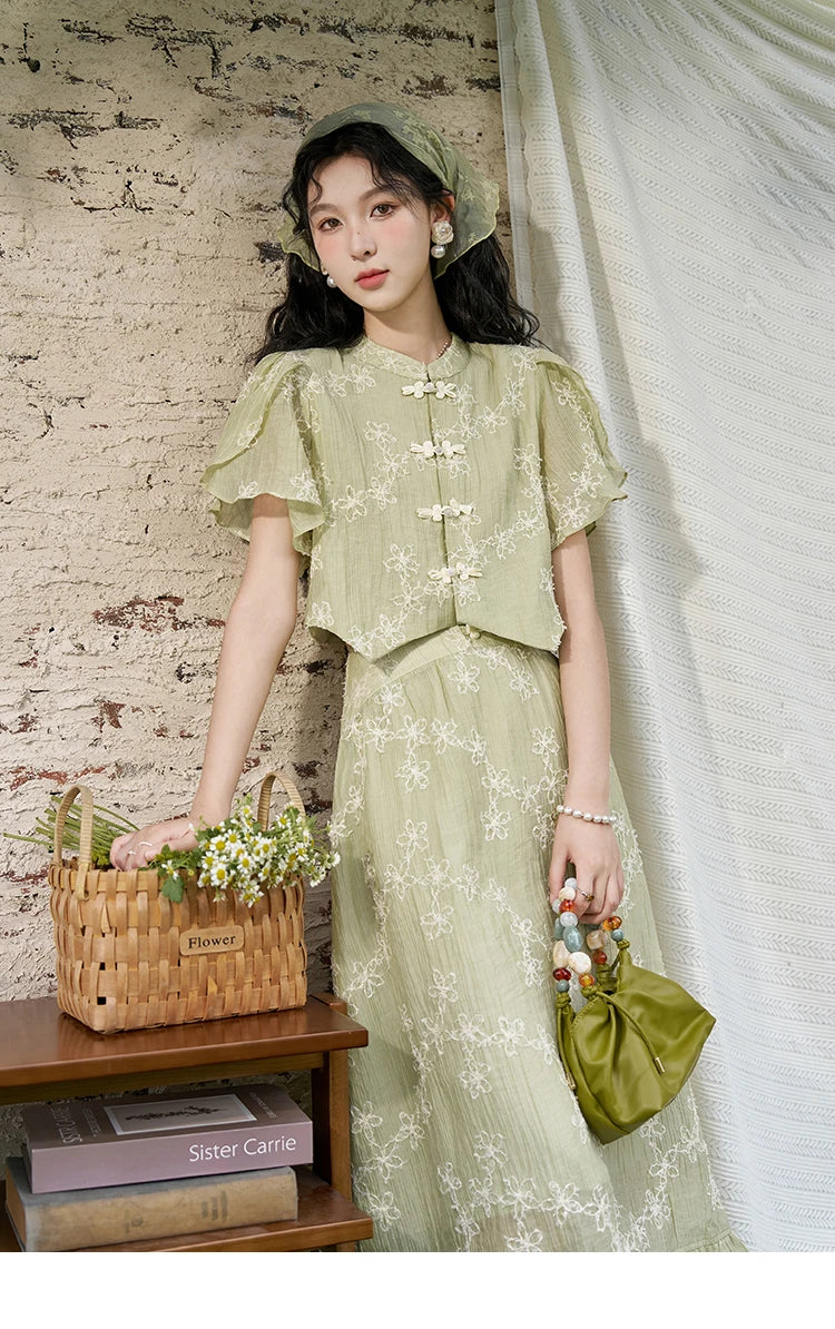 MISHOW Chinese Green Stand Collar Lotus Leaf Overlapping Sleeve Top Hem Stringy Selvedge Skirt Separately 2024 Summer MXD22X1388
