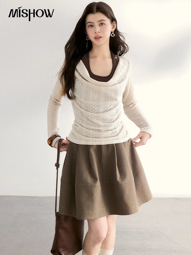 MISHOW Women's A-line Flower Bud Mini Skirt 2026 Spring High Waist Pleated Casual Short Skirt with Slanted Pockets MXF108B0767