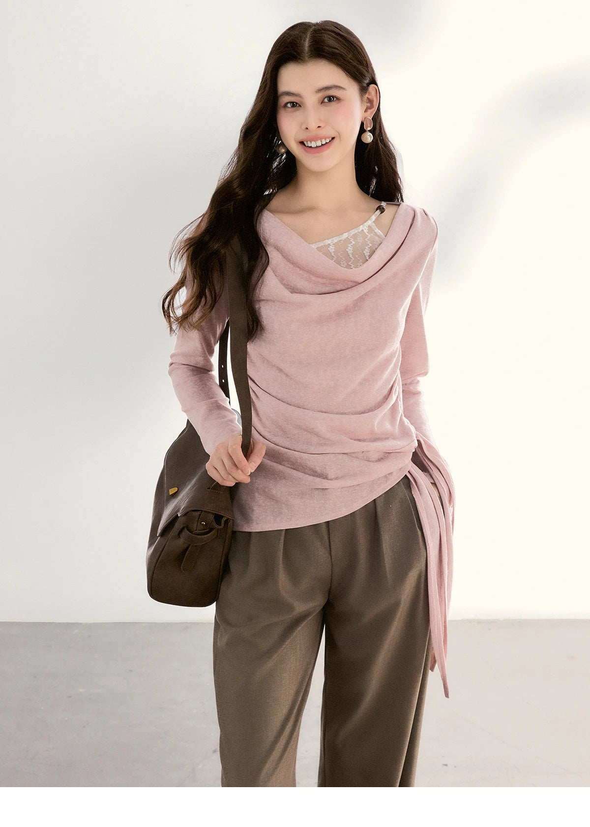 MISHOW Women's Splicing Lace Trim Draped Neck Long Sleeve Tops 2026 Spring Side Tie Ruched Irregular Casual Slim Tees MXF13Z2995