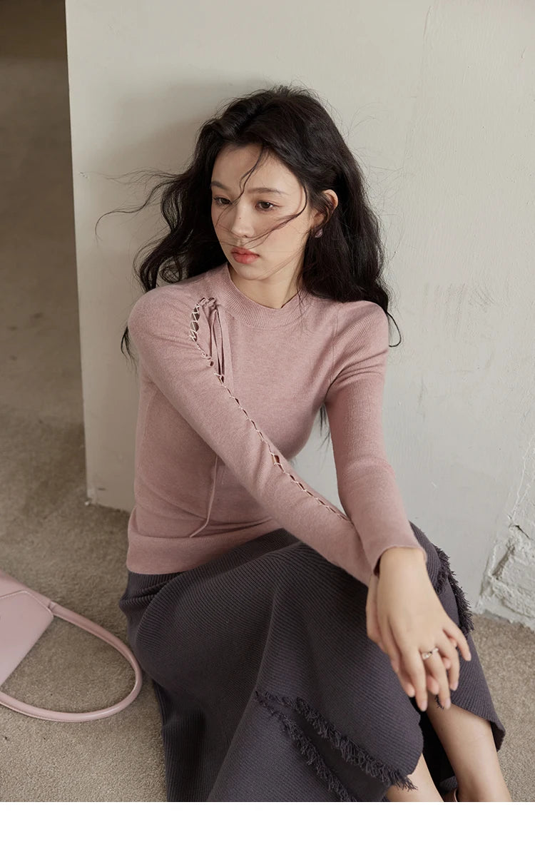 MISHOW Bottom Knit Sweater Women Fashion Hollow Tie Design Bottoming Shirt 2024 Fall New Warm Long-sleeved Slim Tops MXD45Z0766