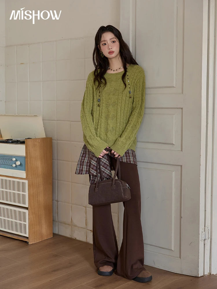 MISHOW Sweater for Woman 2025 Autumn Winter Green Retro Twisted Rope Hollow Design Loose Knit Top Luxury Commuter MXE49Z2520