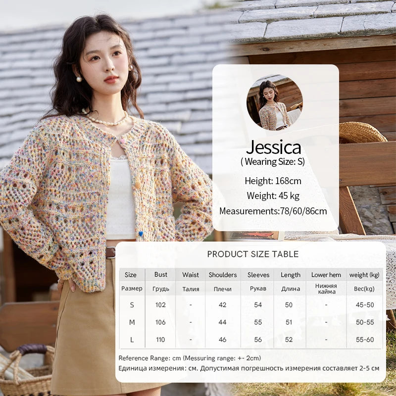 MISHOW Women's Sweet Woven Hollow Knitted Cardigan 2025 Spring Rainbow Button Single Breasted Top O-neck Cardigan MXE13Z1110