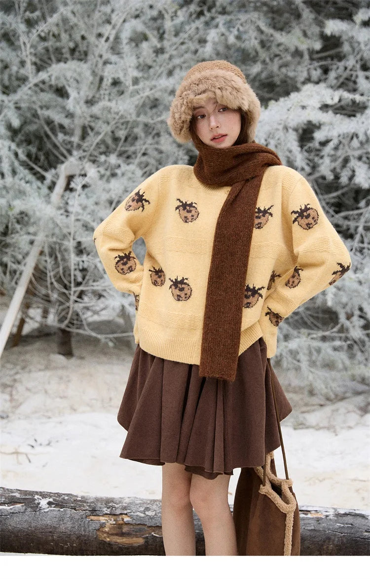 MISHOW Cardigan Women 2025 Autumn Winter Fashion Fuuny Pineapple Jacquard Round Neck Single-breasted Sweater Woman MXE87Z2752