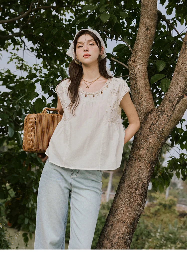 MISHOW French Summer Elegant Blouses Women 2025 Solid Short Flying Sleeve Round Neck Hollow Lace Shirts Woman Fashion MXE33X1778